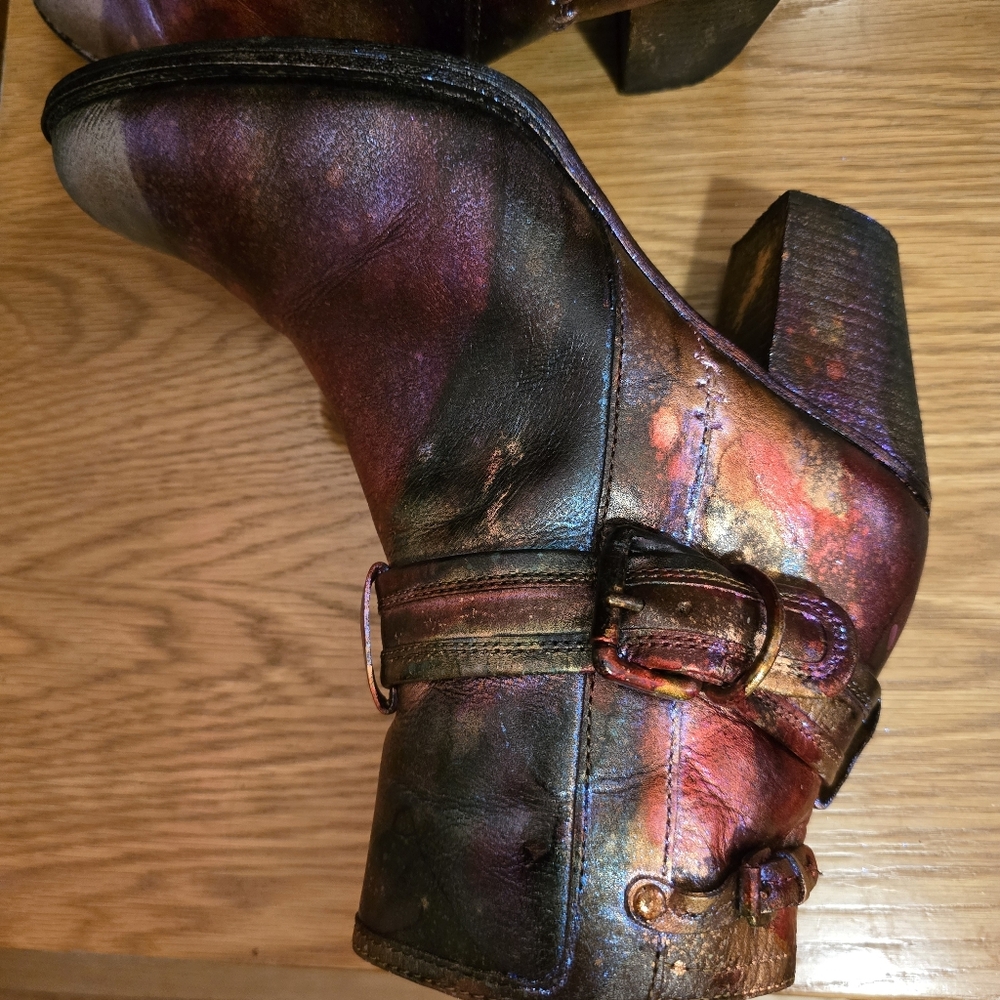 HANDCRAFTED Upcycled Leather Boots HANDPAINTED Size 9M Ankle Bootie Wearable Art - Picture 13 of 17